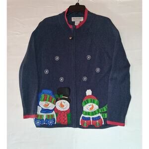 Tiara International Women's Christmas Sweater Sz XL Full Zip Snowman Blue Frosty